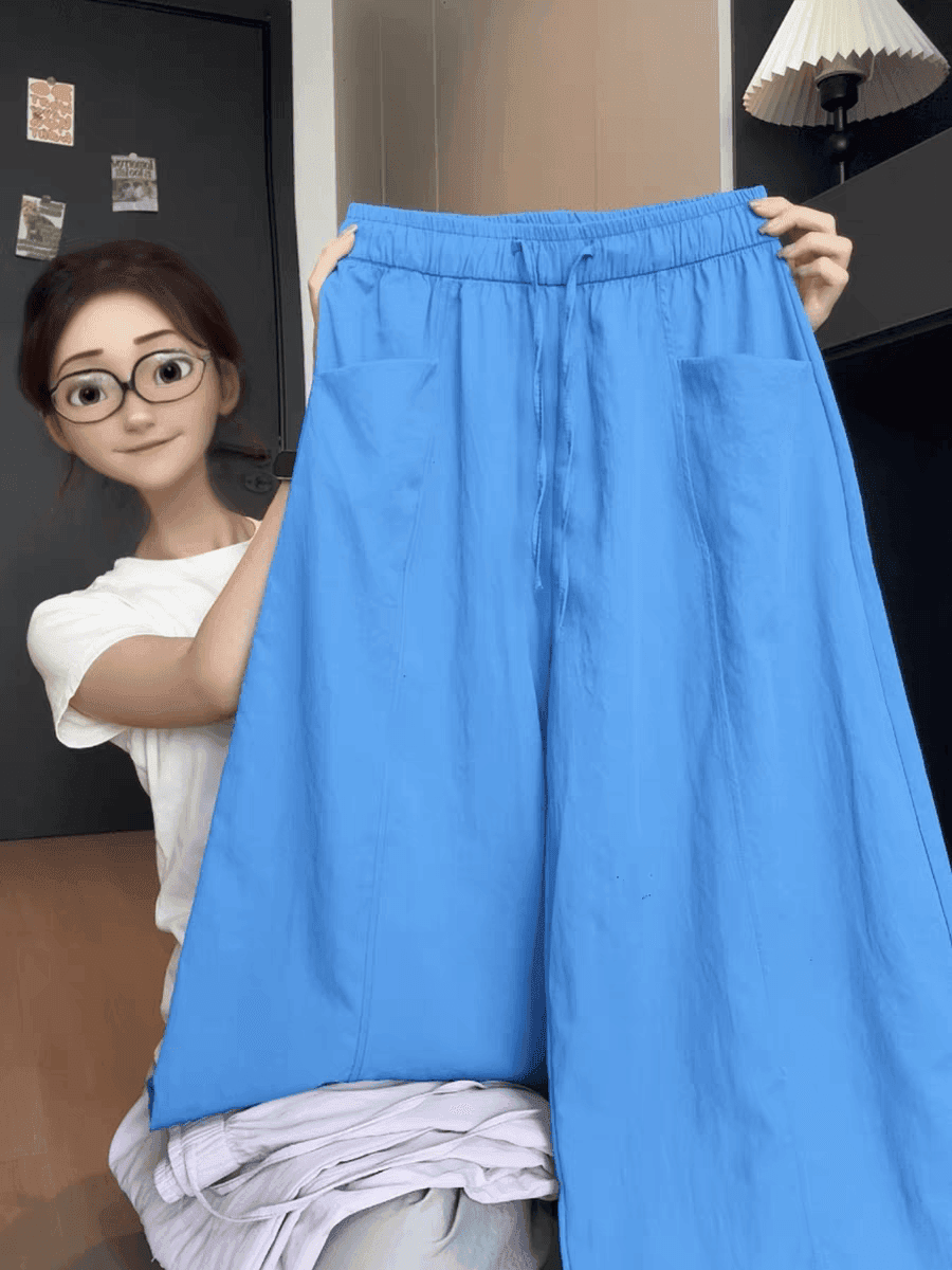 한 부서 chic 여성 여름 얇은 스타일 미니멀리즘 바람 허리밴드 펌프 로프 느긋한 루즈핏 스트레이트 캐주얼 굴곡 바지 상세 이미지 4