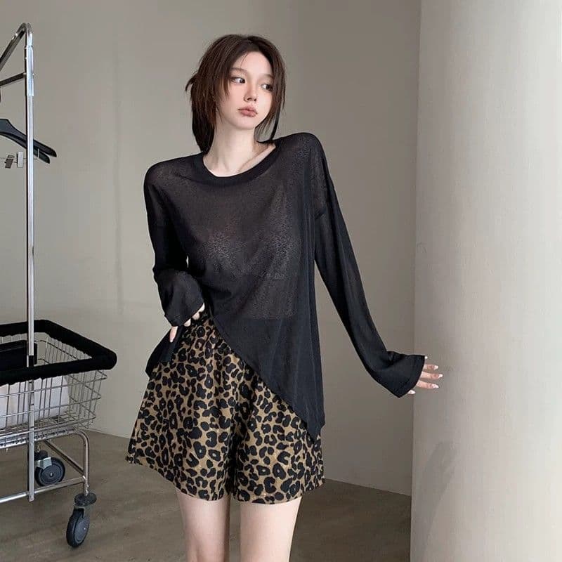 한 부서 레오파드 무늬 반바지 여성 여름 얇은 스타일 2026 새로운 하이웨이스트 외출용 슬림해 보이는 넓은 다리 바지 운동 오부 바지 이미지 3