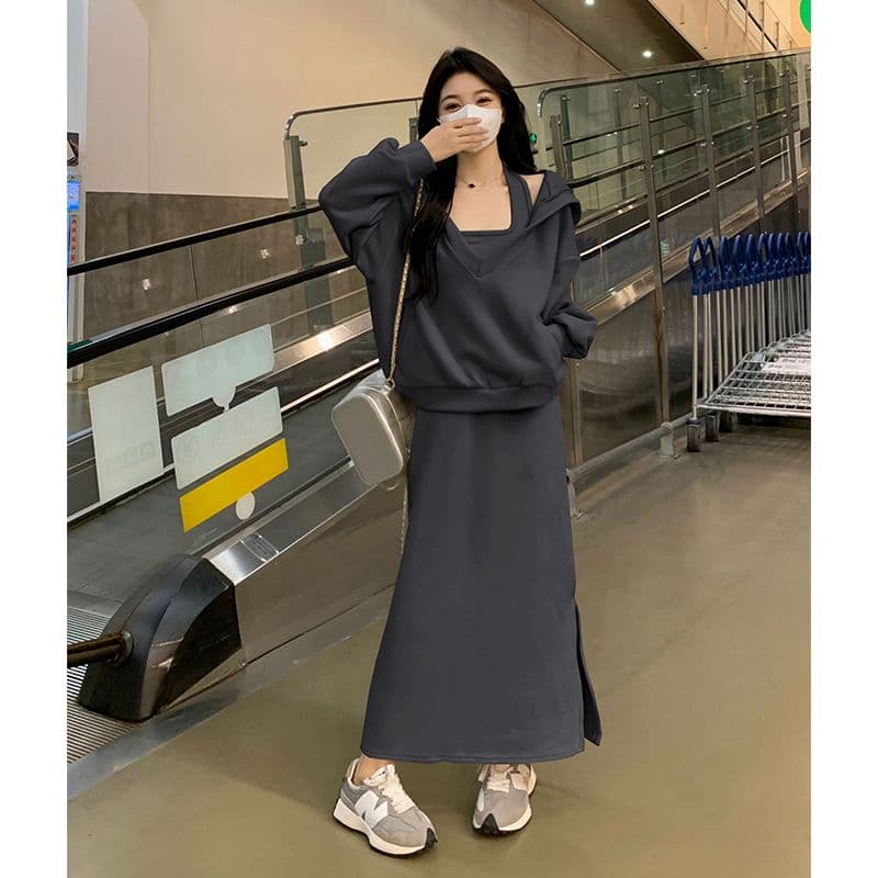 사람들 면 빈 가스 층 한 부서 chic 패션 외국 가스 세트 캐주얼 연령 감소 재킷 행침 목 조끼 스커트 투피스 세트 상세 이미지 2