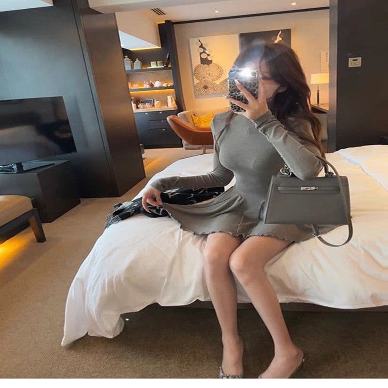 한 부서 봄 가을 순수한 욕망 허리 수축 슬림해 보이는 기본 스커트 터틀넥 퍼프 스커트 다용도 긴팔 여성 드레스 A라인 스커트 이미지 4