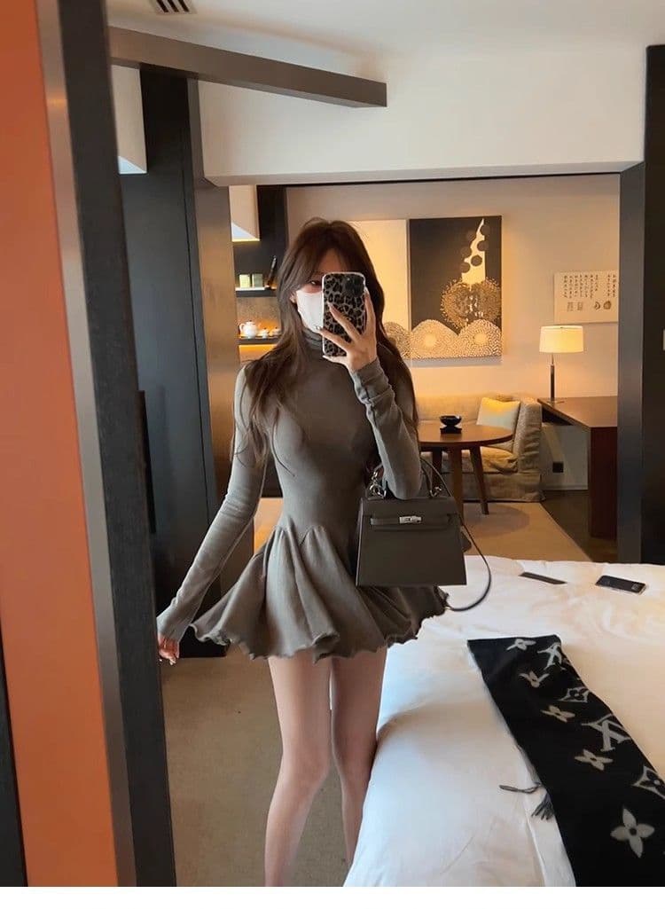 한 부서 봄 가을 순수한 욕망 허리 수축 슬림해 보이는 기본 스커트 터틀넥 퍼프 스커트 다용도 긴팔 여성 드레스 A라인 스커트 상세 이미지 1