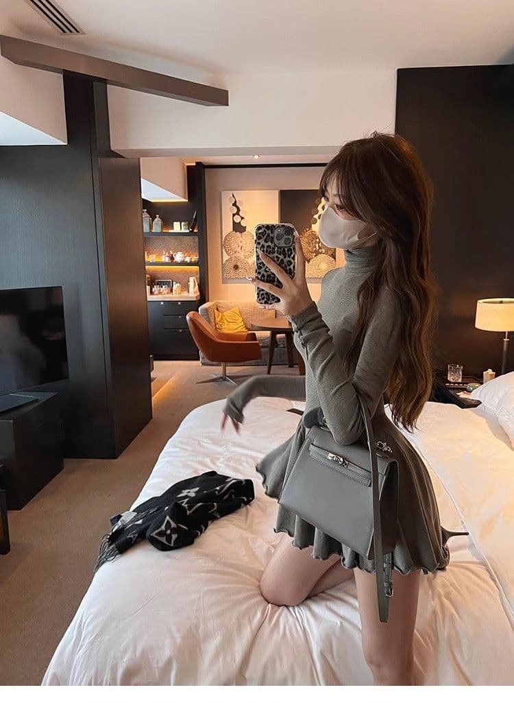 한 부서 봄 가을 순수한 욕망 허리 수축 슬림해 보이는 기본 스커트 터틀넥 퍼프 스커트 다용도 긴팔 여성 드레스 A라인 스커트 상세 이미지 4