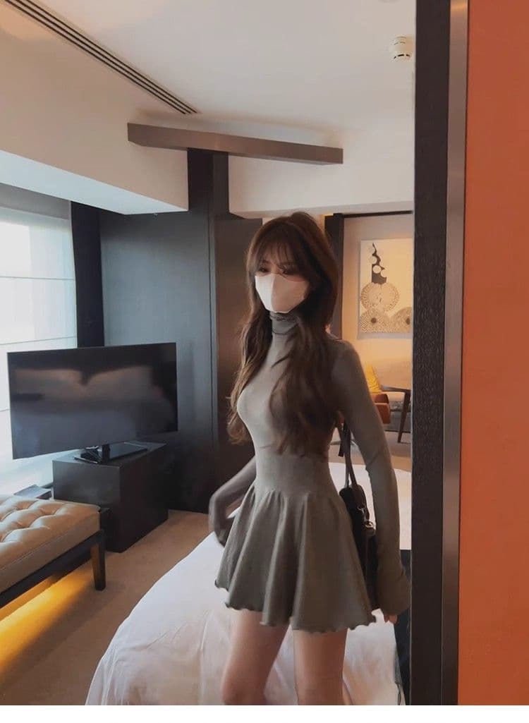 한 부서 봄 가을 순수한 욕망 허리 수축 슬림해 보이는 기본 스커트 터틀넥 퍼프 스커트 다용도 긴팔 여성 드레스 A라인 스커트 상세 이미지 15