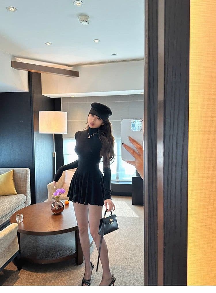 한 부서 봄 가을 순수한 욕망 허리 수축 슬림해 보이는 기본 스커트 터틀넥 퍼프 스커트 다용도 긴팔 여성 드레스 A라인 스커트 상세 이미지 18