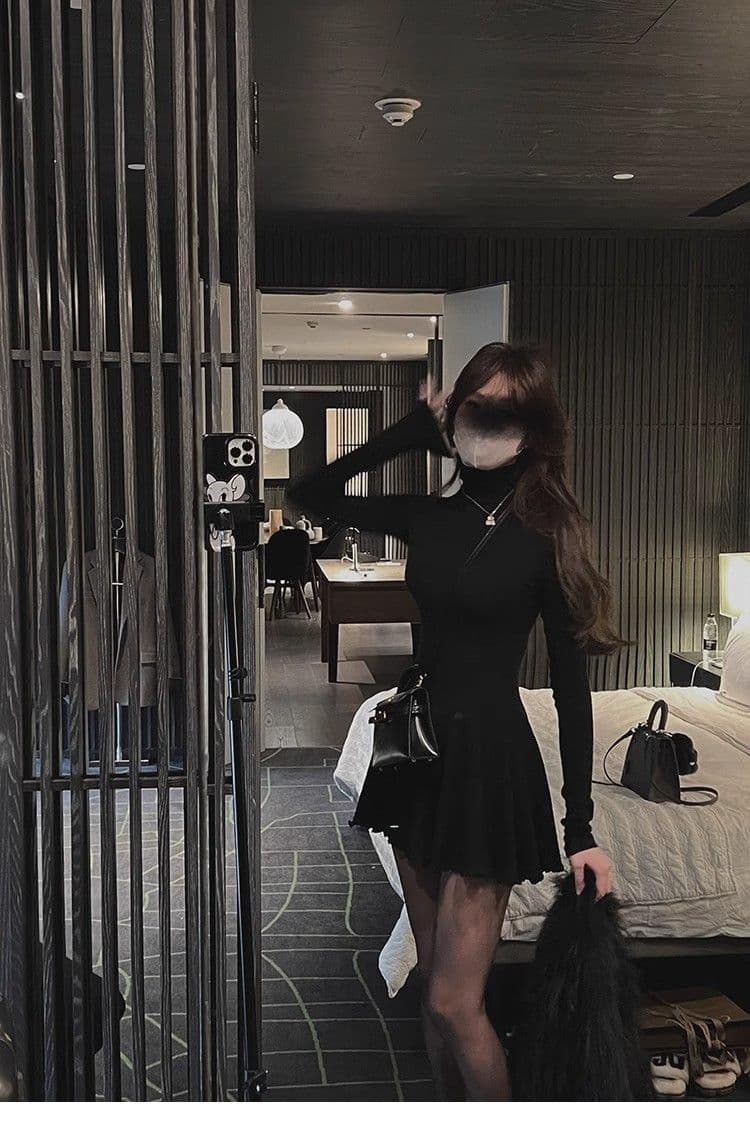 한 부서 봄 가을 순수한 욕망 허리 수축 슬림해 보이는 기본 스커트 터틀넥 퍼프 스커트 다용도 긴팔 여성 드레스 A라인 스커트 상세 이미지 21