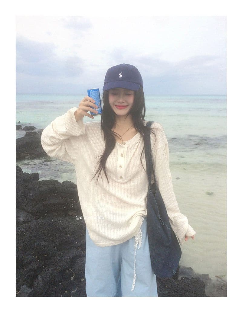 원본 원단 한 부서 화이트 반 개방 칼라 자외선 차단 블라우스 티셔츠 여성 여름 로드 중 느긋한 바람 얇고 가벼운 긴팔 맨위 상세 이미지 6