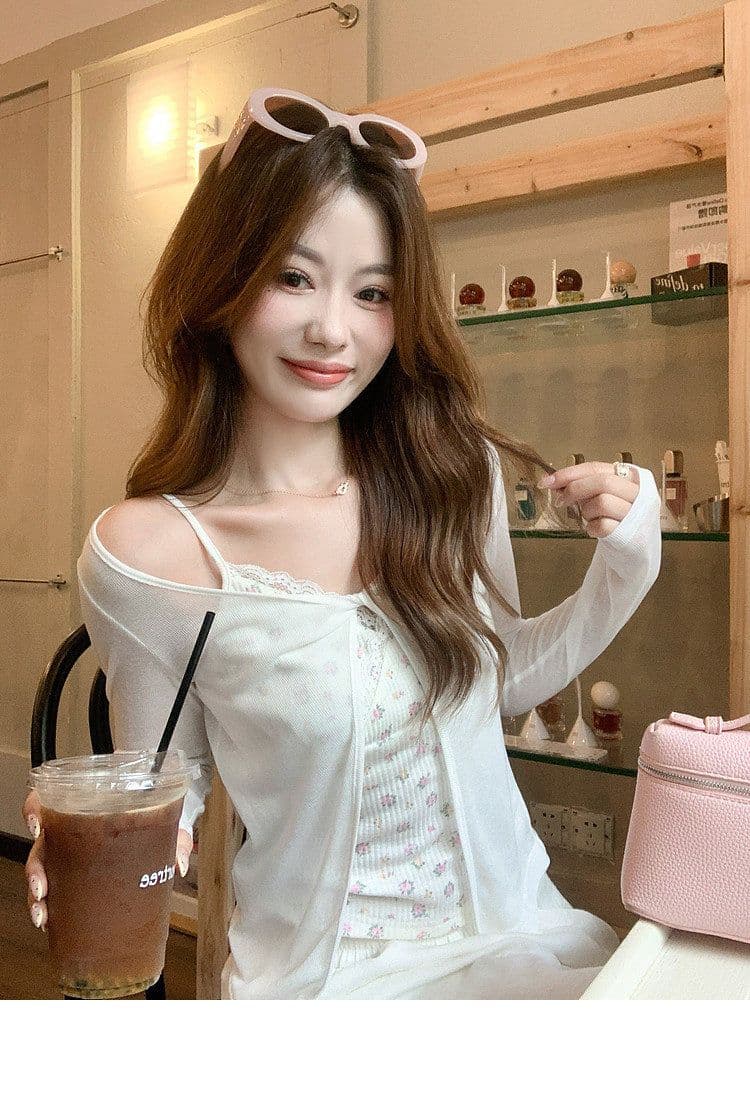 한 부서 화이트 오프숄더 긴팔 티셔츠 여성 여름 착용 가져 가라. 자외선 차단 블라우스 Tulle 맨위 꽃무늬 슬립 투피스 세트 상세 이미지 1