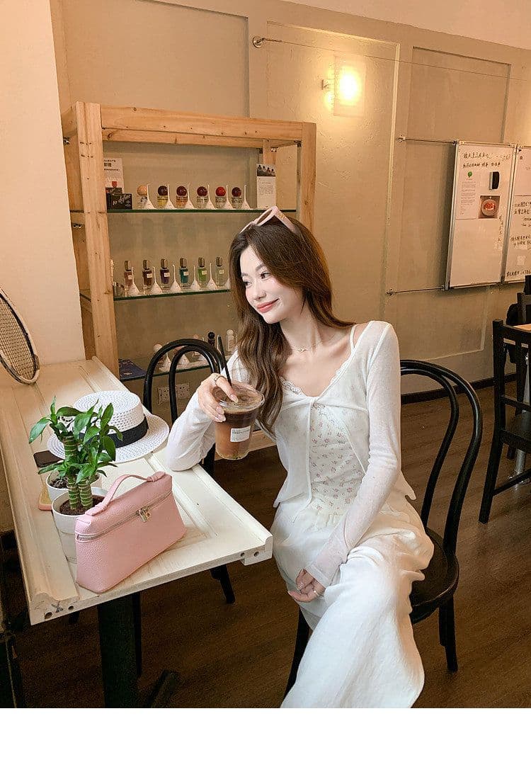 한 부서 화이트 오프숄더 긴팔 티셔츠 여성 여름 착용 가져 가라. 자외선 차단 블라우스 Tulle 맨위 꽃무늬 슬립 투피스 세트 상세 이미지 13