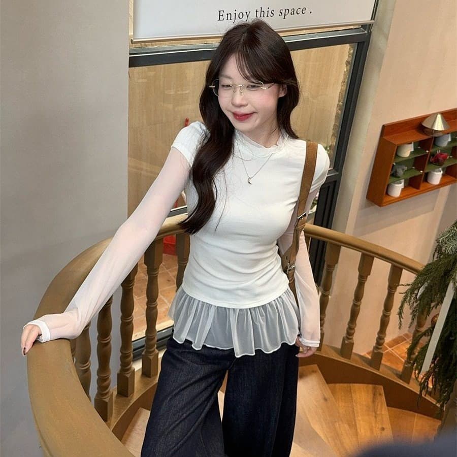260 그램 사람들 면 디자인 센스 품격 페이크 레이어드 긴팔 티셔츠 여성 여름 가을 다용도 몸매 가꾸기 슬림해 보이는 기본 셔츠 맨위 이미지 5