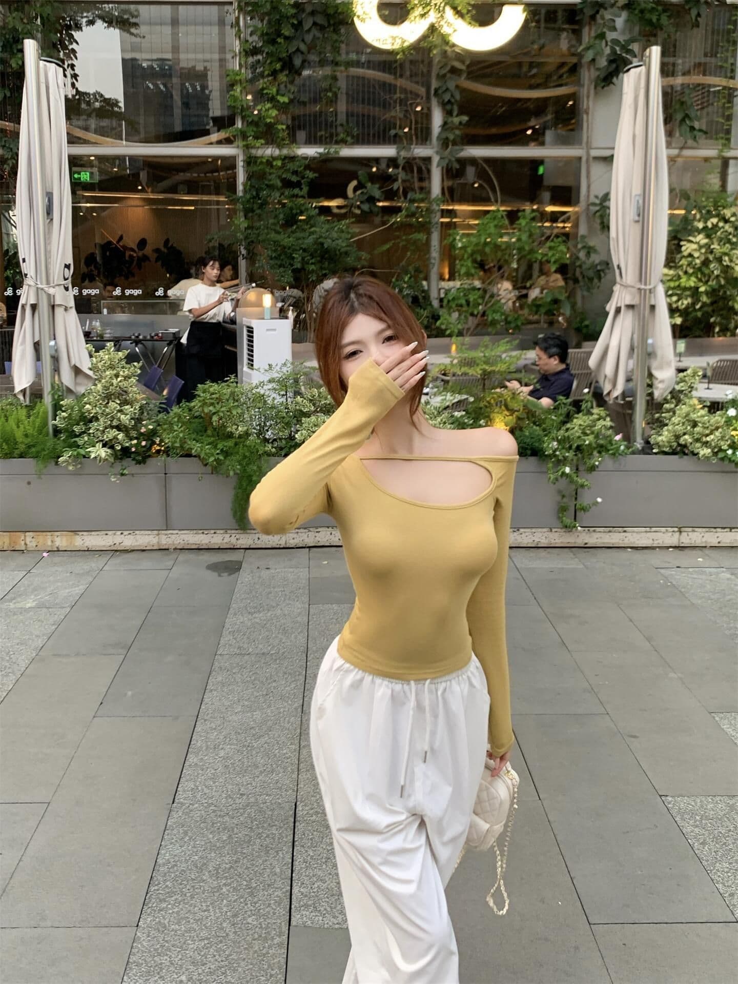 260 그램 사람들 면 순수한 욕망 핫걸 홀로우 아웃 비스듬한 어깨 긴팔 티셔츠 여성 이른 가을 몸매 가꾸기 슬림해 보이는 인사이드 가져 가라. 기본 셔츠 맨위 이미지 3