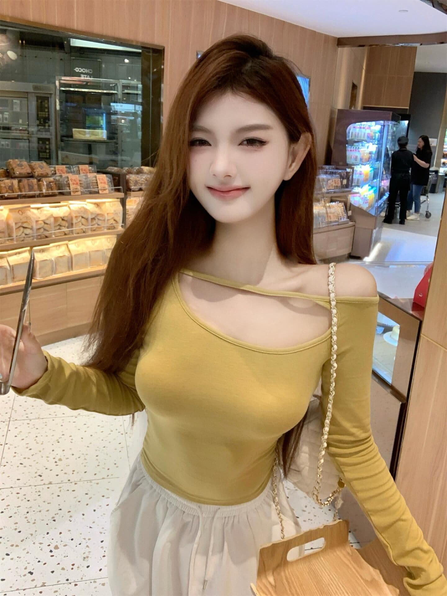 260 그램 사람들 면 순수한 욕망 핫걸 홀로우 아웃 비스듬한 어깨 긴팔 티셔츠 여성 이른 가을 몸매 가꾸기 슬림해 보이는 인사이드 가져 가라. 기본 셔츠 맨위 상세 이미지 9