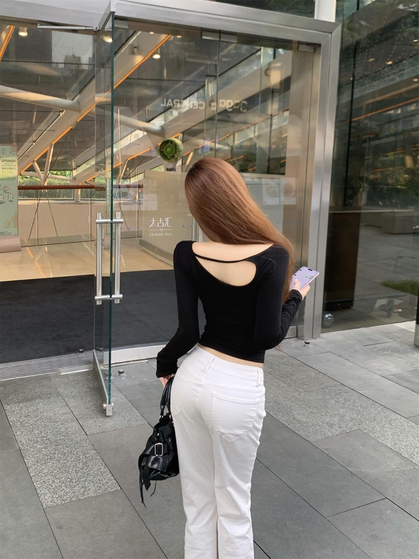 260 그램 사람들 면 순수한 욕망 핫걸 홀로우 아웃 비스듬한 어깨 긴팔 티셔츠 여성 이른 가을 몸매 가꾸기 슬림해 보이는 인사이드 가져 가라. 기본 셔츠 맨위 상세 이미지 12