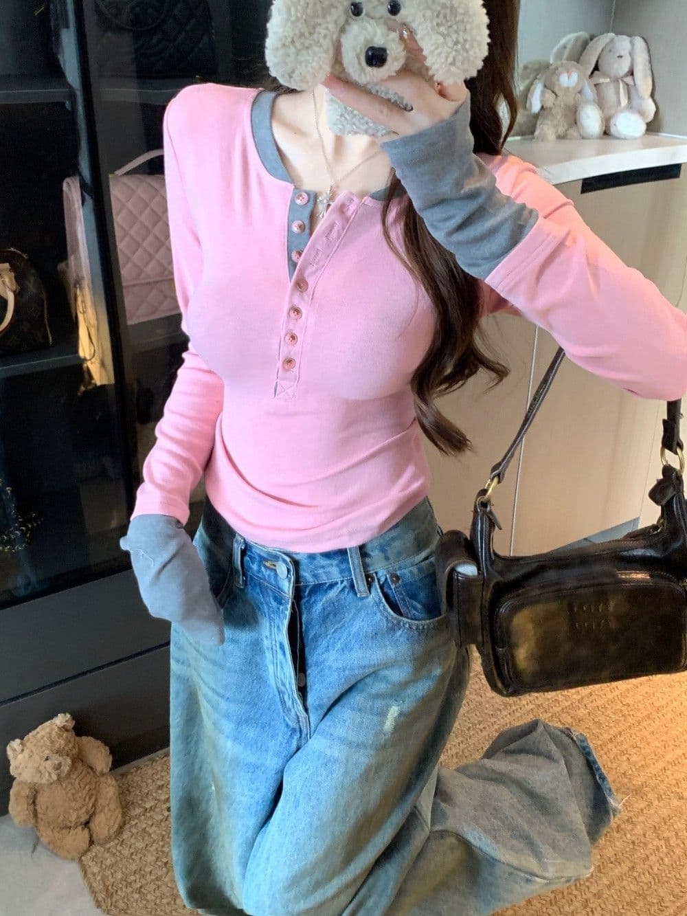 한 부서 사람들 면 핫걸 배색 페이크 레이어드 반 개방 칼라 허리 수축 긴팔 티셔츠 여성 슬림해 보이는 인사이드 가져 가라. 기본 셔츠 맨위 상세 이미지 1