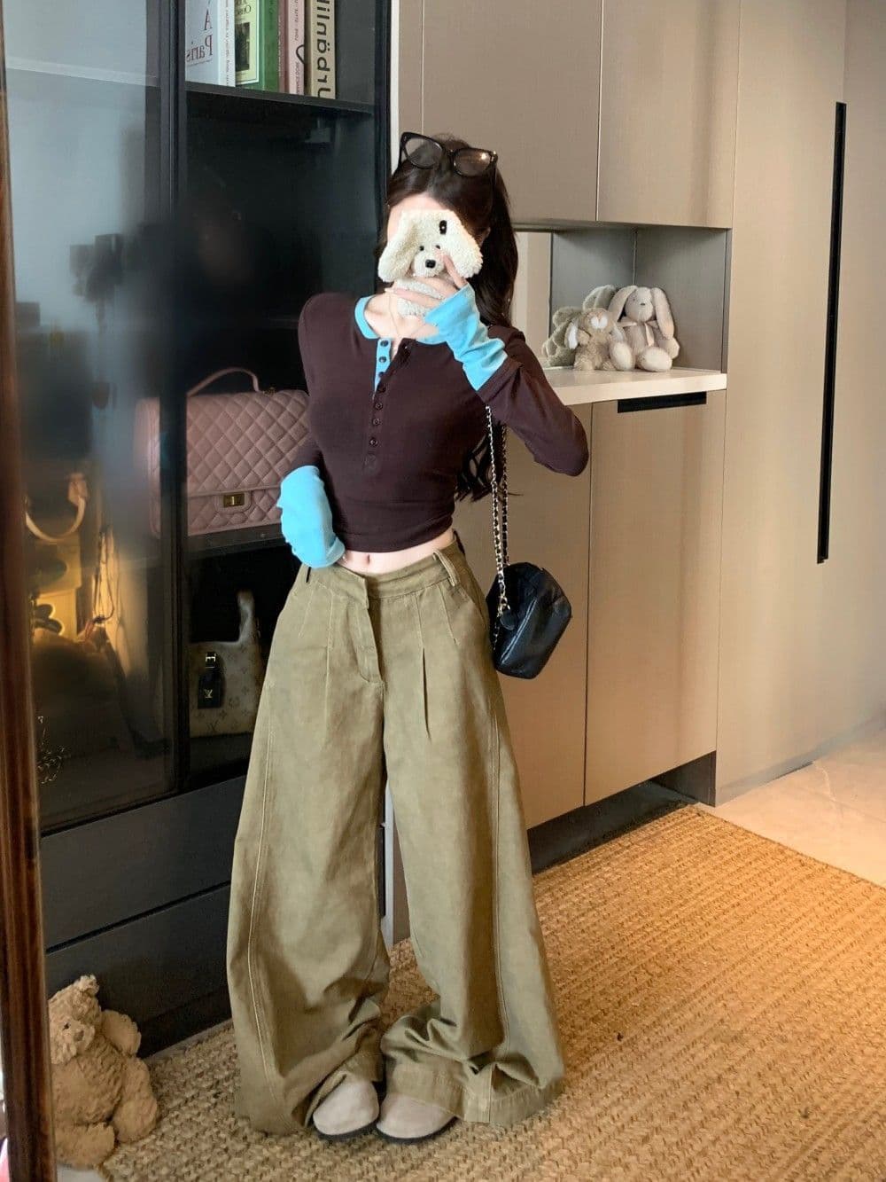 한 부서 사람들 면 핫걸 배색 페이크 레이어드 반 개방 칼라 허리 수축 긴팔 티셔츠 여성 슬림해 보이는 인사이드 가져 가라. 기본 셔츠 맨위 상세 이미지 5