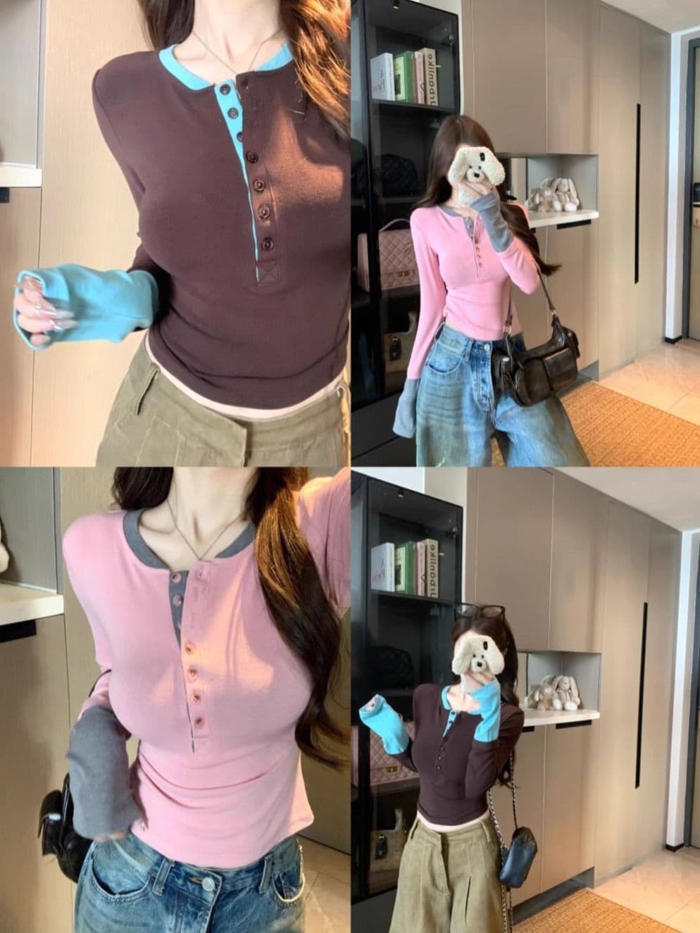한 부서 사람들 면 핫걸 배색 페이크 레이어드 반 개방 칼라 허리 수축 긴팔 티셔츠 여성 슬림해 보이는 인사이드 가져 가라. 기본 셔츠 맨위 상세 이미지 7