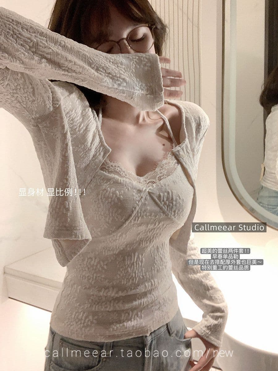 한 부서 부드러운 바람 레이스 조각 긴팔 티셔츠 여성 가을 단색 기본 셔츠 맨위 행침 목 투피스 조끼 이미지 4