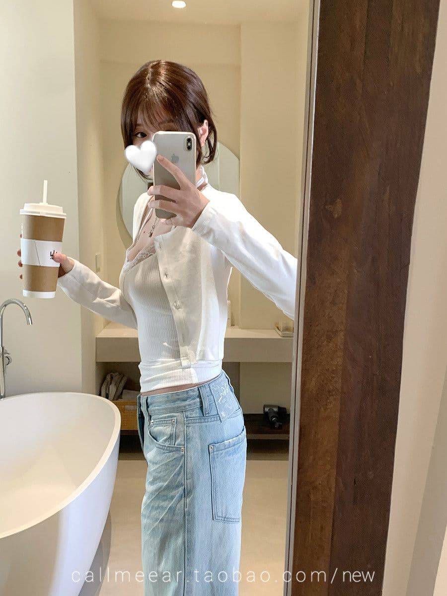 한 부서 부드러운 바람 레이스 조각 긴팔 티셔츠 여성 가을 단색 기본 셔츠 맨위 행침 목 투피스 조끼 이미지 3