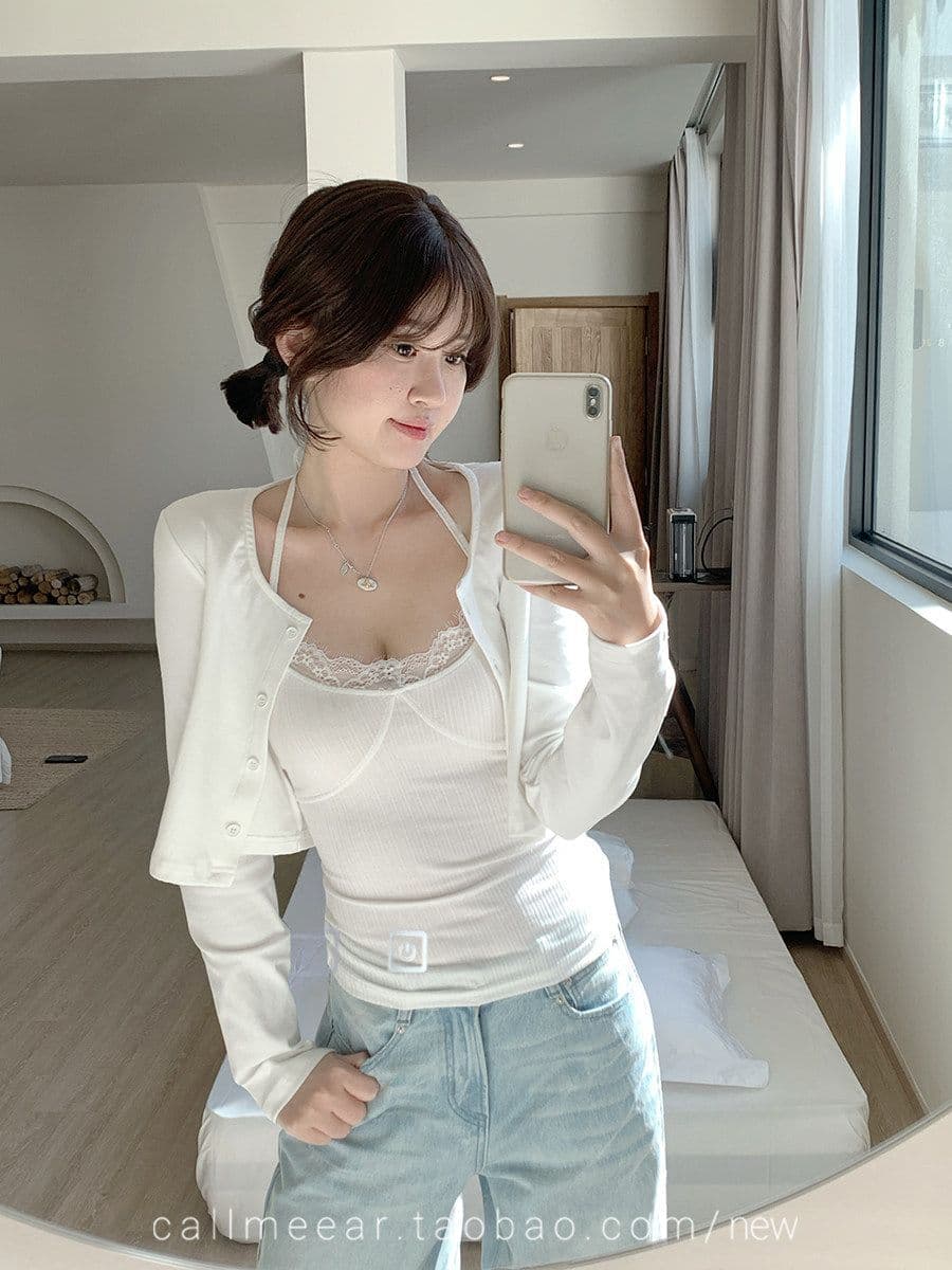 한 부서 부드러운 바람 레이스 조각 긴팔 티셔츠 여성 가을 단색 기본 셔츠 맨위 행침 목 투피스 조끼 상세 이미지 3