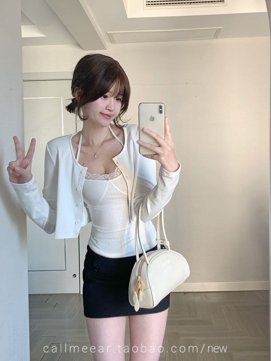 한 부서 부드러운 바람 레이스 조각 긴팔 티셔츠 여성 가을 단색 기본 셔츠 맨위 행침 목 투피스 조끼 상세 이미지 4