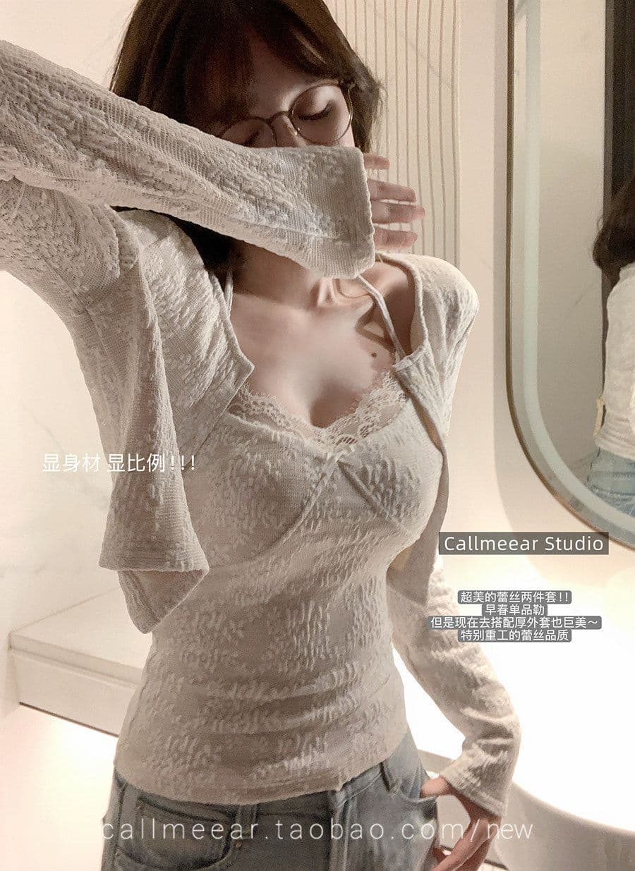 한 부서 부드러운 바람 레이스 조각 긴팔 티셔츠 여성 가을 단색 기본 셔츠 맨위 행침 목 투피스 조끼 상세 이미지 5