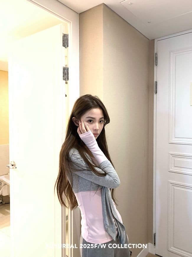 사람들 면 배색 디자인 센스 페이크 레이어드 패치워크 스트랩 긴팔 티셔츠 여성 가을 Chic 달콤한 매운맛 바람 캐주얼 맨위 상세 이미지 3