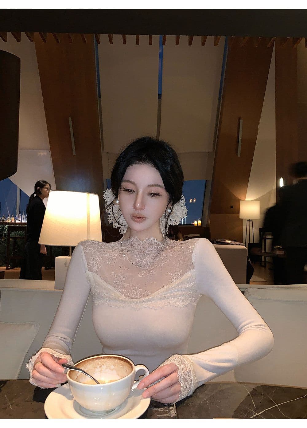 260 그램 사람들 면 레이스 자수 기본 셔츠 여성 가을 작은 대중 인사이드 가져 가라. 디자인 센스 핫걸 몸매 가꾸기 긴팔 맨위 상세 이미지 9