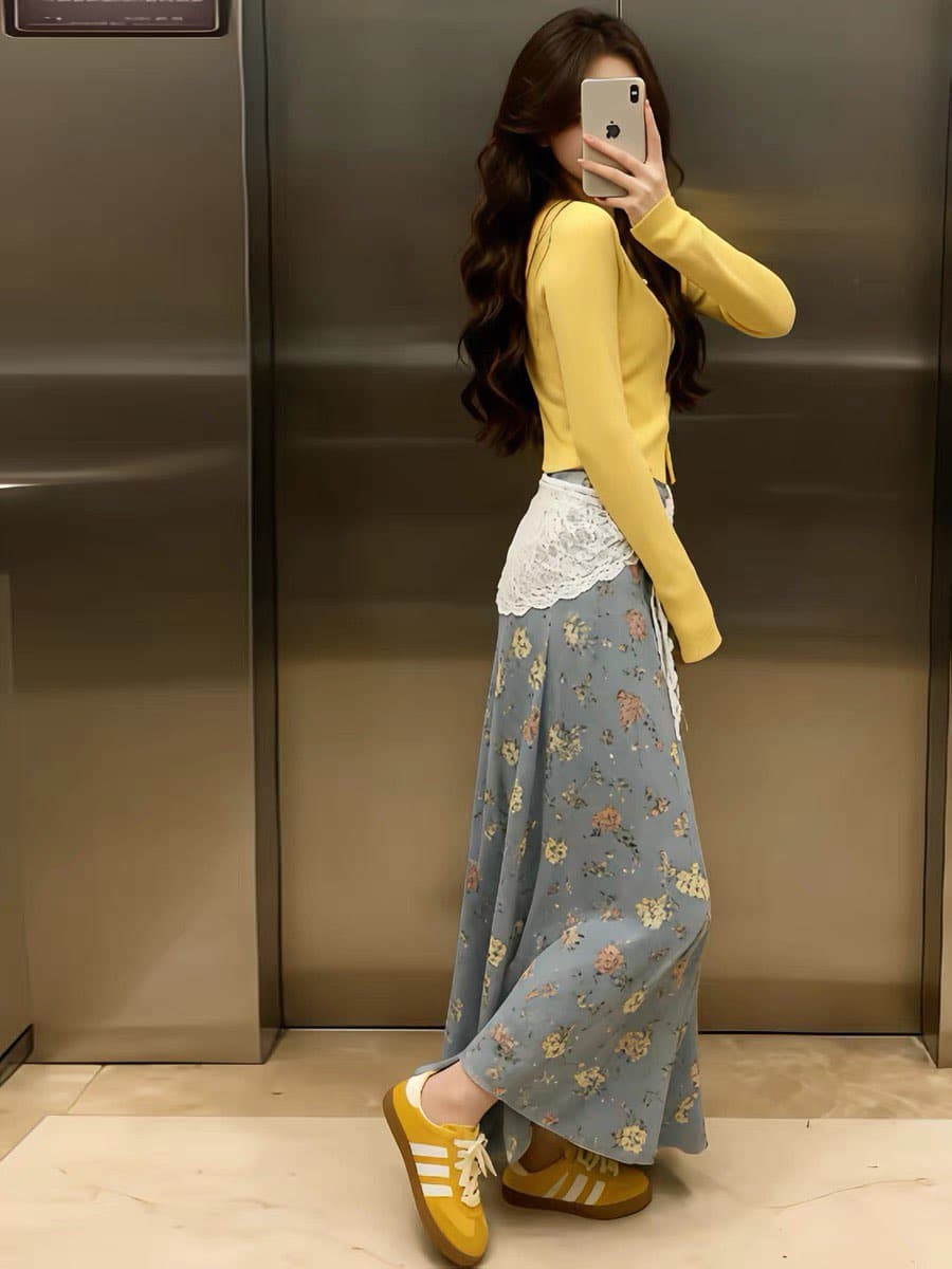 가을 전체 집합 ootd 착용 가져 가라. 한 부서 작은 샤넬 스타일 황색 니트 오픈 가디건 파란색 프린트 반신 치마 세트 여성 이미지 3