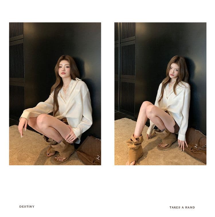 높음 지혜 바람 긴팔 폴로 칼라 레이스 화이트 셔츠 레트로 스택 착용 다용도 디자인 센스 슬림해 보이는 허리 수축 외출용 맨위 상세 이미지 9