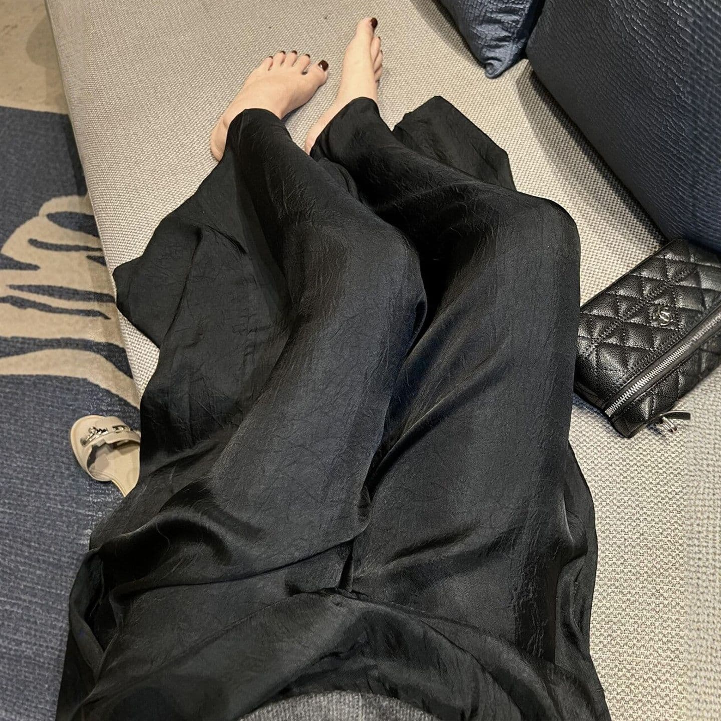 여름 얇고 가벼운 긴 바지 검정색 오래된 돈 바람 얼음 실크 넓은 다리 아세트산 바지 빅 사이즈 여름 자이언트 잘 생긴 ~ 중 얇은 바지 이미지 2