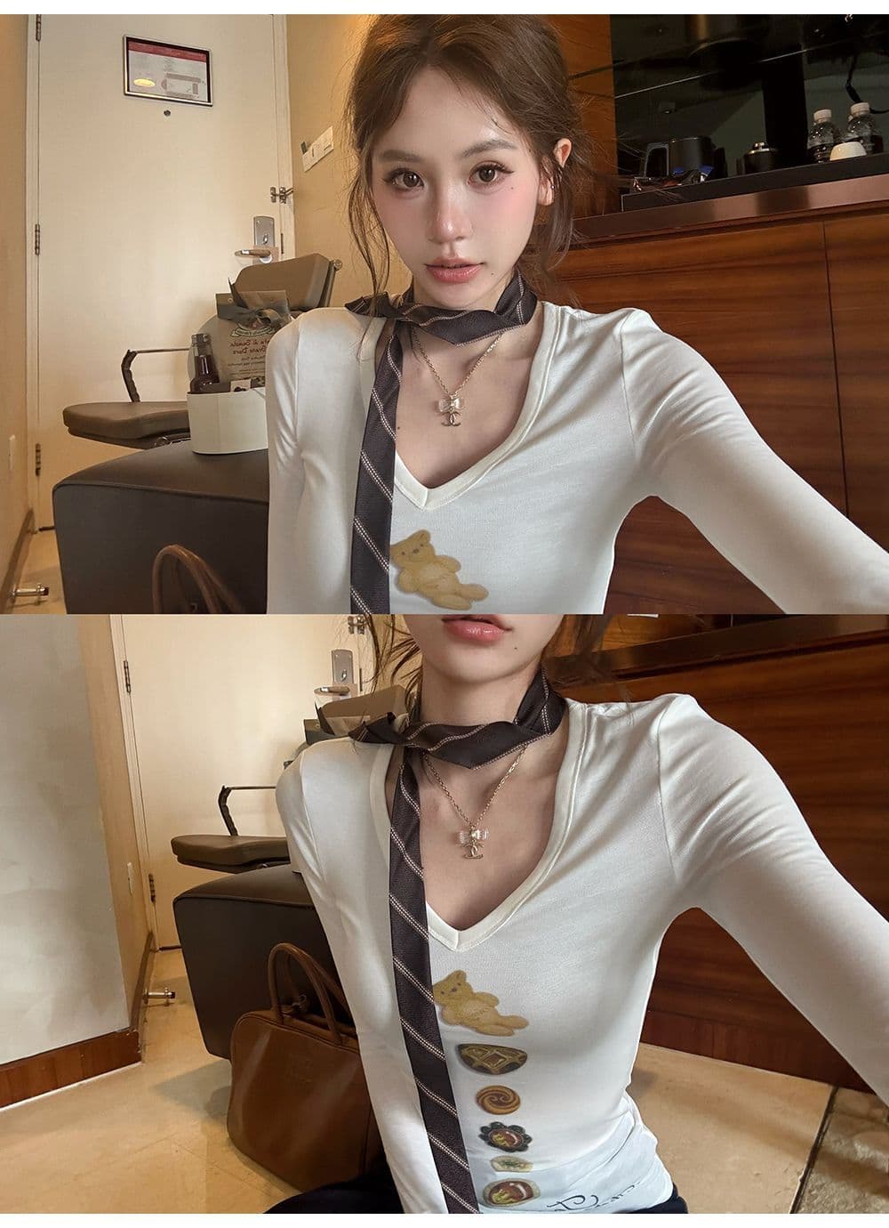 260 그램 사람들 면 이른 가을 순수한 욕망 달콤한 핫걸 몸매 가꾸기 강아지 프린트 V넥 만나는 여성 긍정적 인 어깨 긴팔 티셔츠 맨위 상세 이미지 4