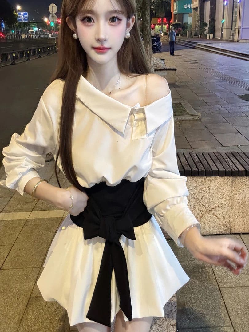 2026 가을 새로운 연구 부서 순수한 프랑스식 비스듬한 어깨 셔츠 인감 허리 스트랩 허리 수축 코디 꽃밭 미니 스커트 세트 이미지 2