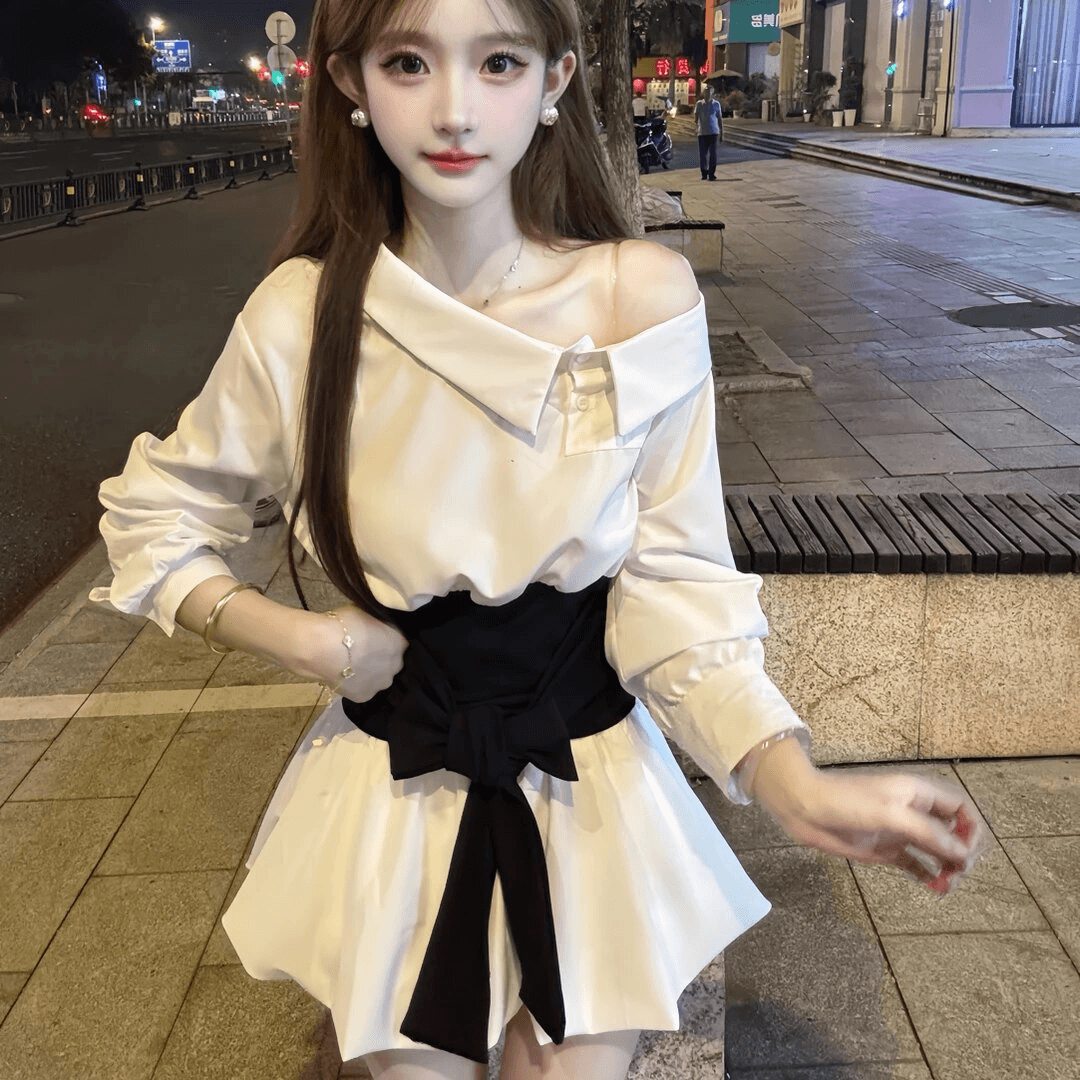 2026 가을 새로운 연구 부서 순수한 프랑스식 비스듬한 어깨 셔츠 인감 허리 스트랩 허리 수축 코디 꽃밭 미니 스커트 세트 상세 이미지 3