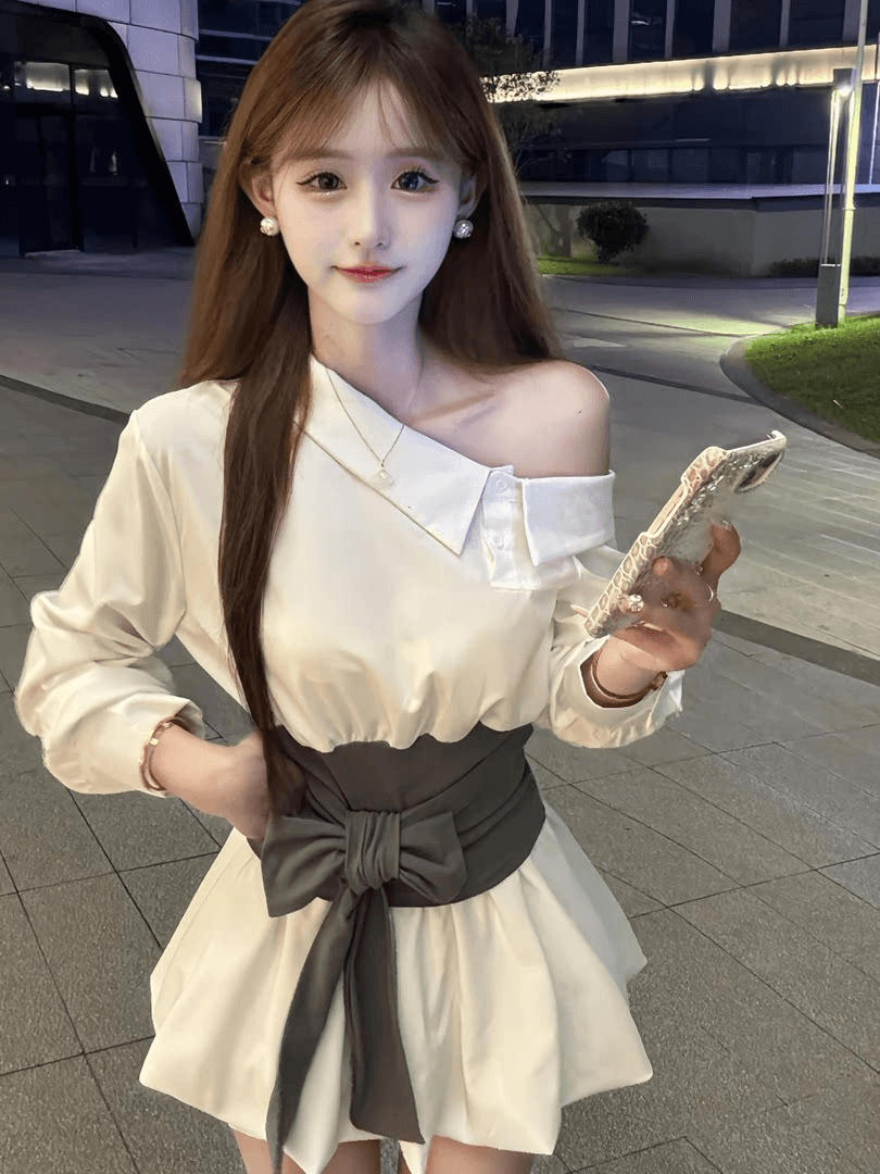 2026 가을 새로운 연구 부서 순수한 프랑스식 비스듬한 어깨 셔츠 인감 허리 스트랩 허리 수축 코디 꽃밭 미니 스커트 세트 상세 이미지 7