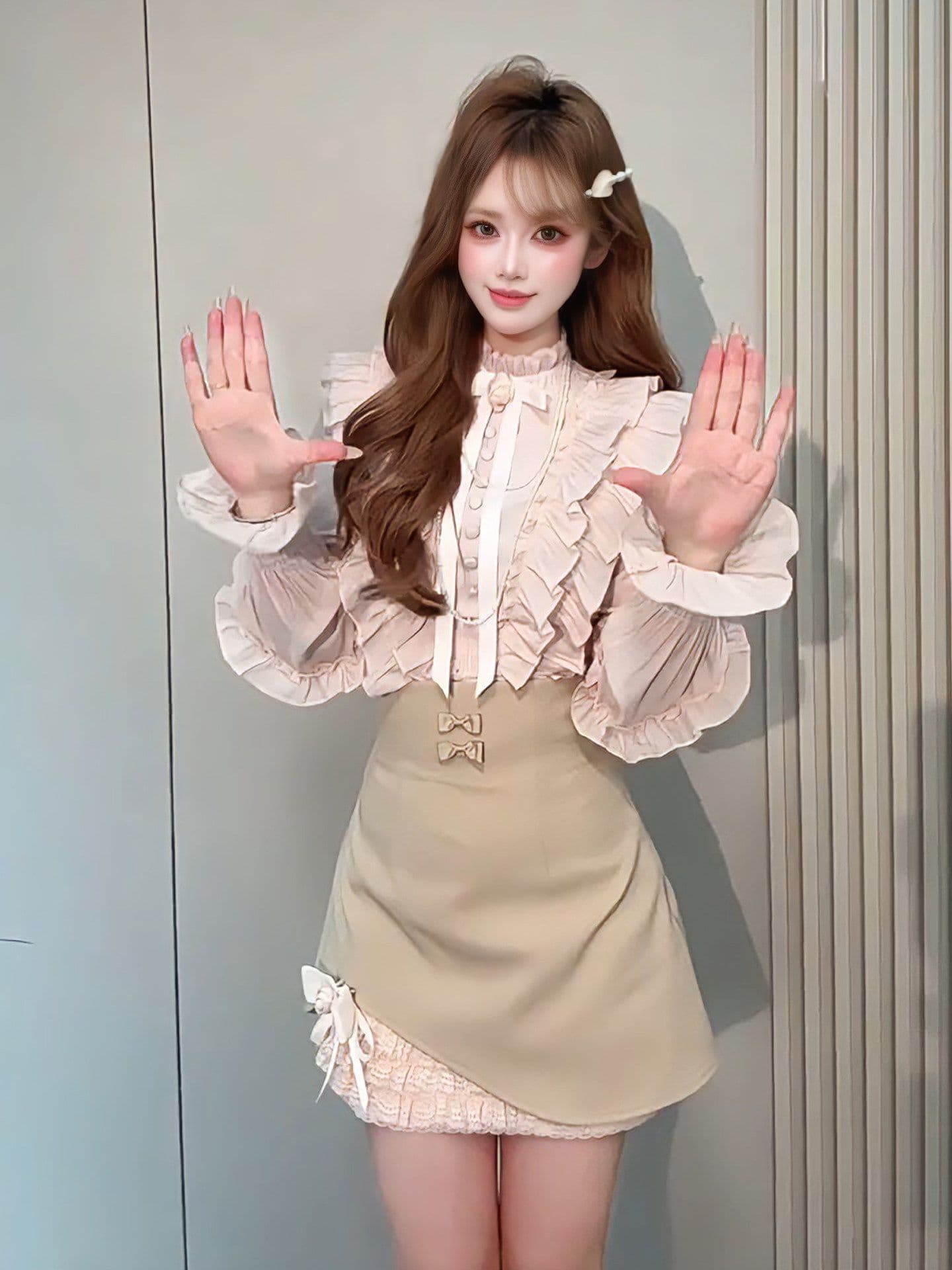 한 부서 부유 한 가족 천 골드 착용 가져 가라. 에이즈 환자 여성 세트 봄 가을 프랑스식 품격 고급 센스 셔츠 반신 스커트 투피스 세트 상세 이미지 5