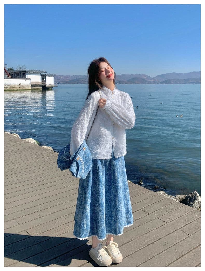 파란색 홀치기 염색 작은 청신 데님 세트 드레스 여성 가을 겨울 2026 새로운 디자인 센스 베스트 반신 스커트 3종 세트 상세 이미지 10