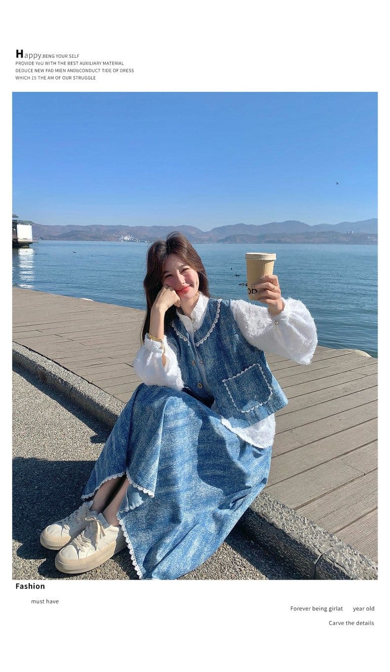 파란색 홀치기 염색 작은 청신 데님 세트 드레스 여성 가을 겨울 2026 새로운 디자인 센스 베스트 반신 스커트 3종 세트 상세 이미지 15