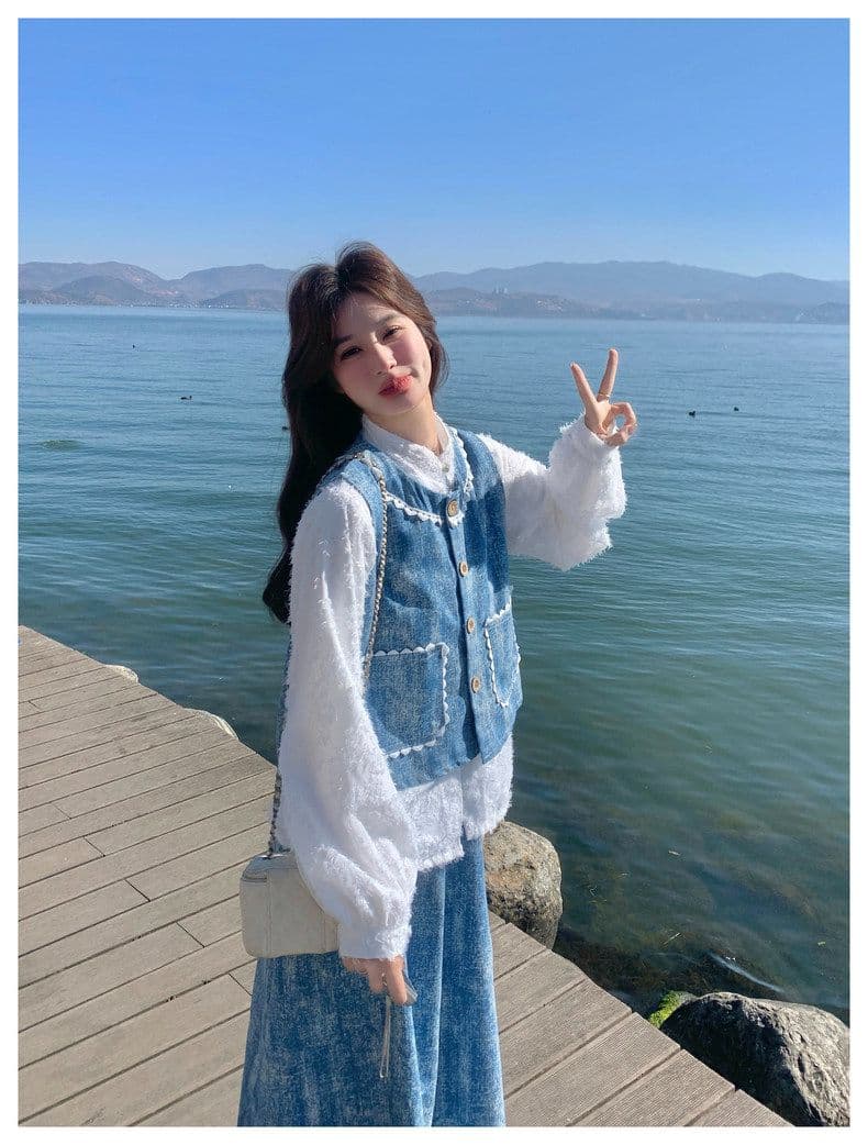 파란색 홀치기 염색 작은 청신 데님 세트 드레스 여성 가을 겨울 2026 새로운 디자인 센스 베스트 반신 스커트 3종 세트 상세 이미지 16