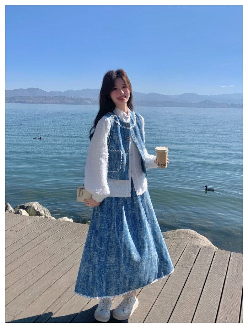 파란색 홀치기 염색 작은 청신 데님 세트 드레스 여성 가을 겨울 2026 새로운 디자인 센스 베스트 반신 스커트 3종 세트 상세 이미지 20