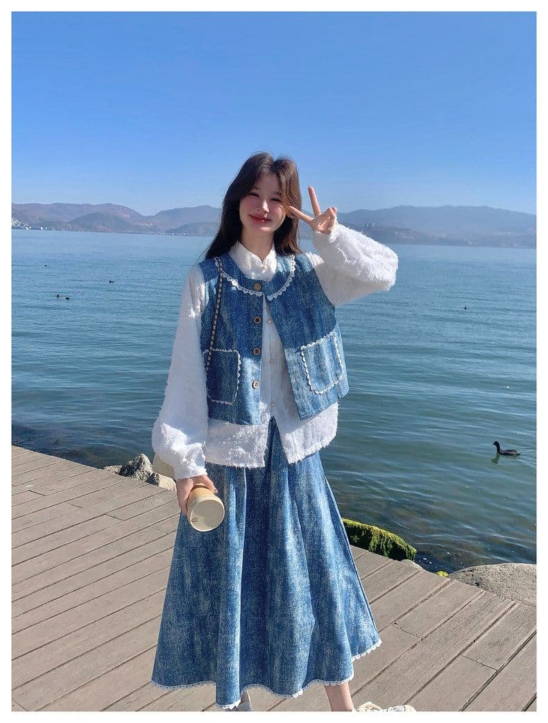 파란색 홀치기 염색 작은 청신 데님 세트 드레스 여성 가을 겨울 2026 새로운 디자인 센스 베스트 반신 스커트 3종 세트 상세 이미지 22