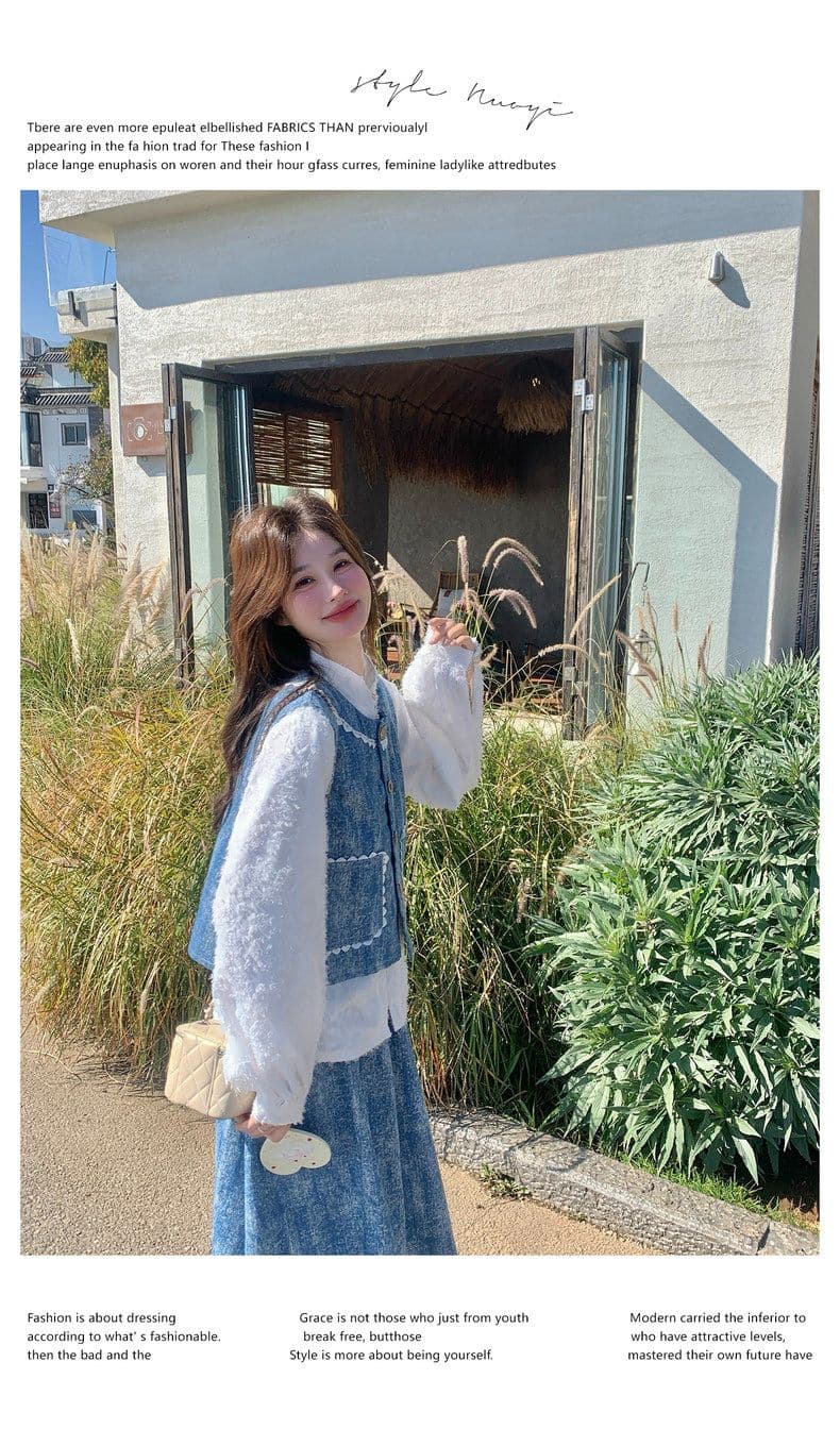 파란색 홀치기 염색 작은 청신 데님 세트 드레스 여성 가을 겨울 2026 새로운 디자인 센스 베스트 반신 스커트 3종 세트 상세 이미지 24