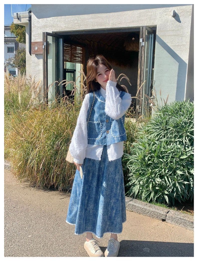 파란색 홀치기 염색 작은 청신 데님 세트 드레스 여성 가을 겨울 2026 새로운 디자인 센스 베스트 반신 스커트 3종 세트 상세 이미지 26