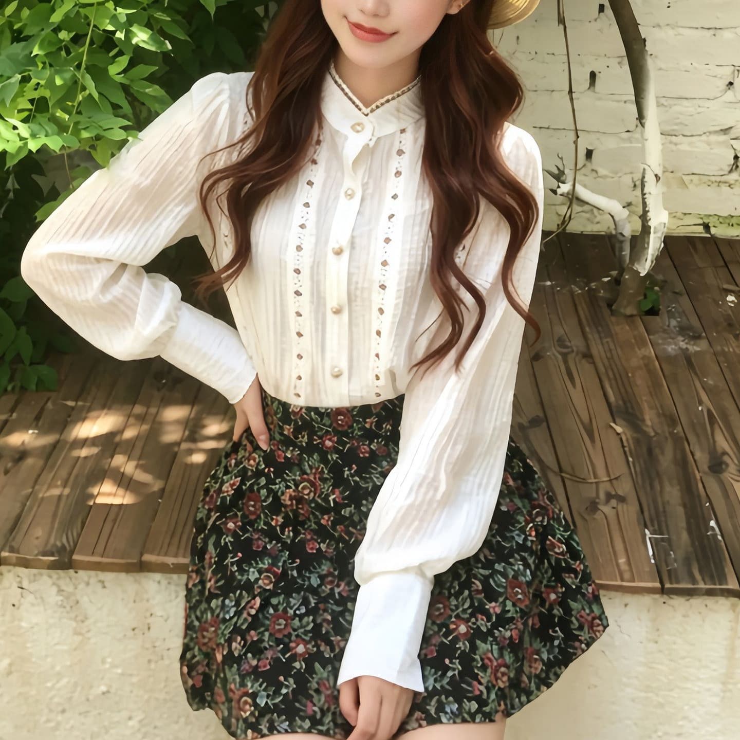 작은 키 착용 가져 가라. 전체 집합 거품 소매 프랑스식 셔츠 코디 꽃무늬 반신 스커트 두 조각 세트 드레스 여성 가을 의상 이미지 5