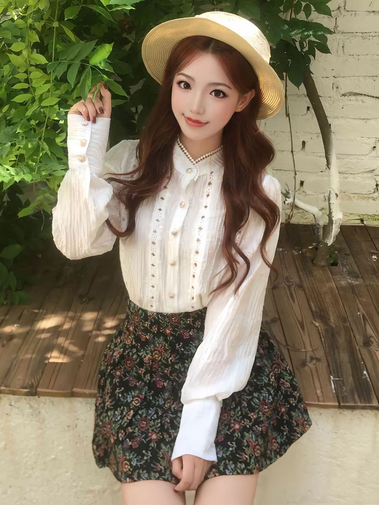작은 키 착용 가져 가라. 전체 집합 거품 소매 프랑스식 셔츠 코디 꽃무늬 반신 스커트 두 조각 세트 드레스 여성 가을 의상 상세 이미지 3