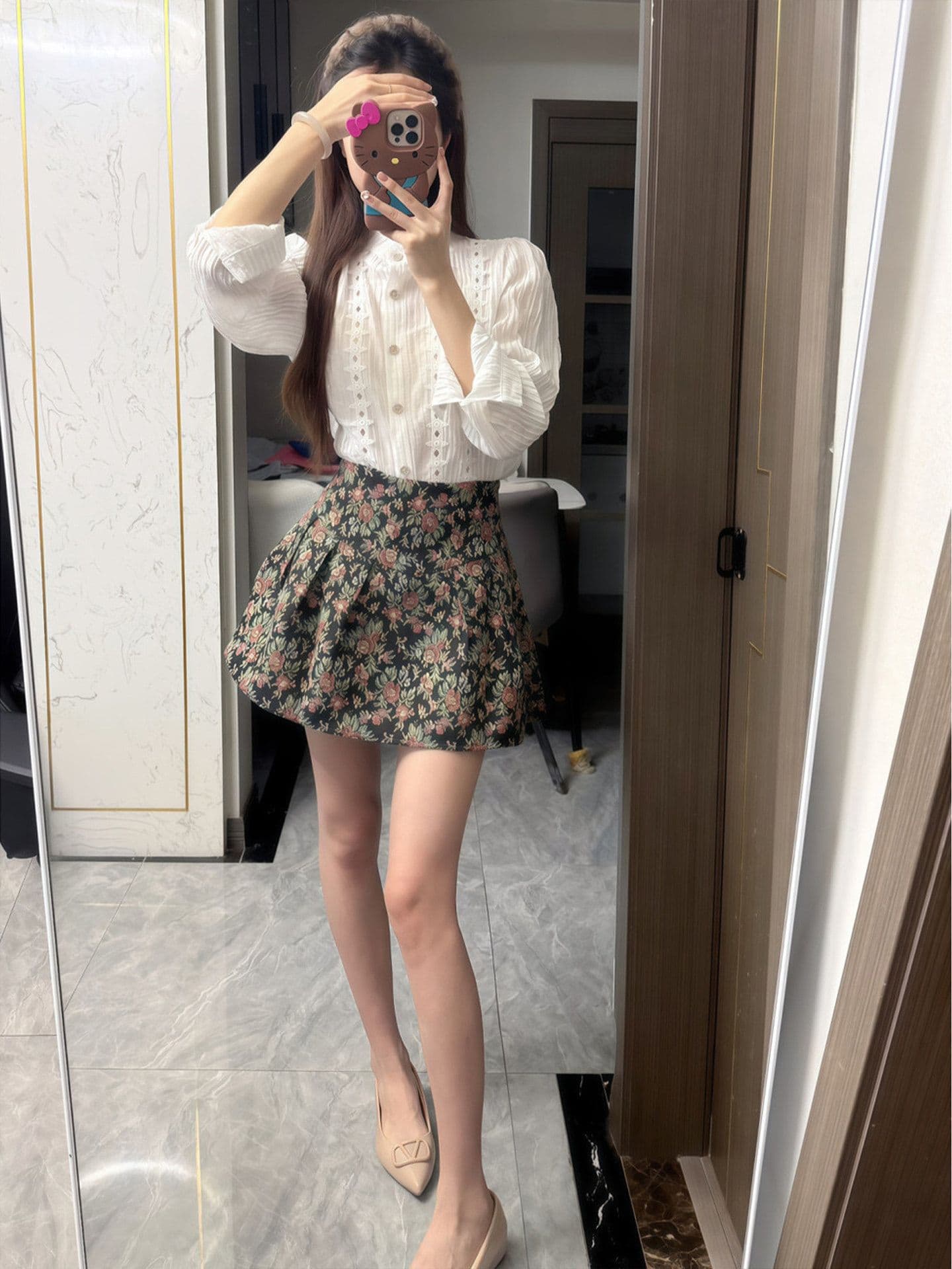 작은 키 착용 가져 가라. 전체 집합 거품 소매 프랑스식 셔츠 코디 꽃무늬 반신 스커트 두 조각 세트 드레스 여성 가을 의상 이미지 2