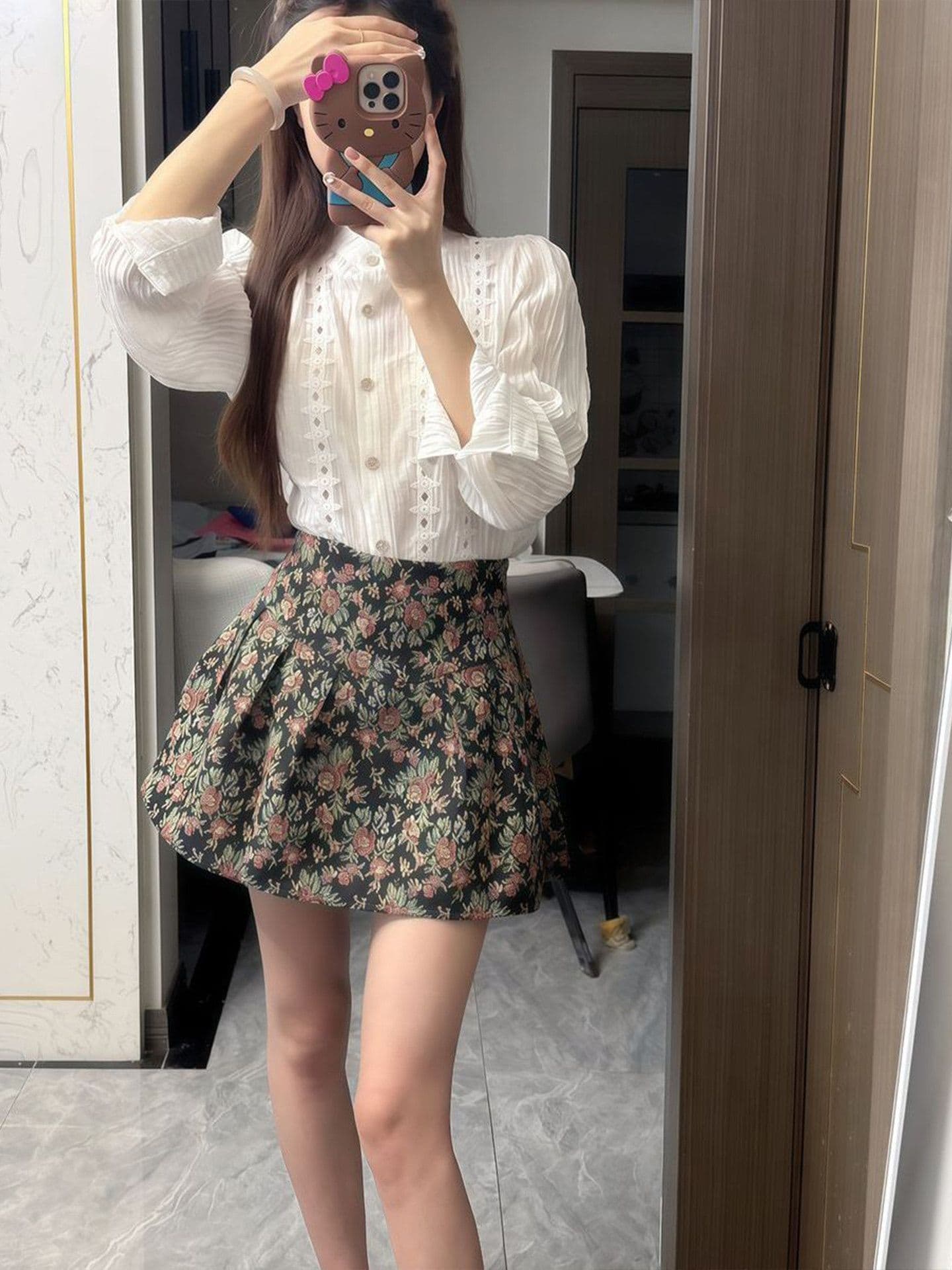 작은 키 착용 가져 가라. 전체 집합 거품 소매 프랑스식 셔츠 코디 꽃무늬 반신 스커트 두 조각 세트 드레스 여성 가을 의상 이미지 3