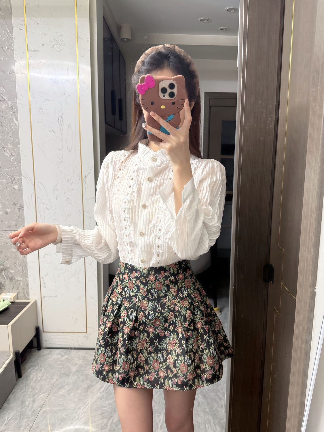 작은 키 착용 가져 가라. 전체 집합 거품 소매 프랑스식 셔츠 코디 꽃무늬 반신 스커트 두 조각 세트 드레스 여성 가을 의상 상세 이미지 3