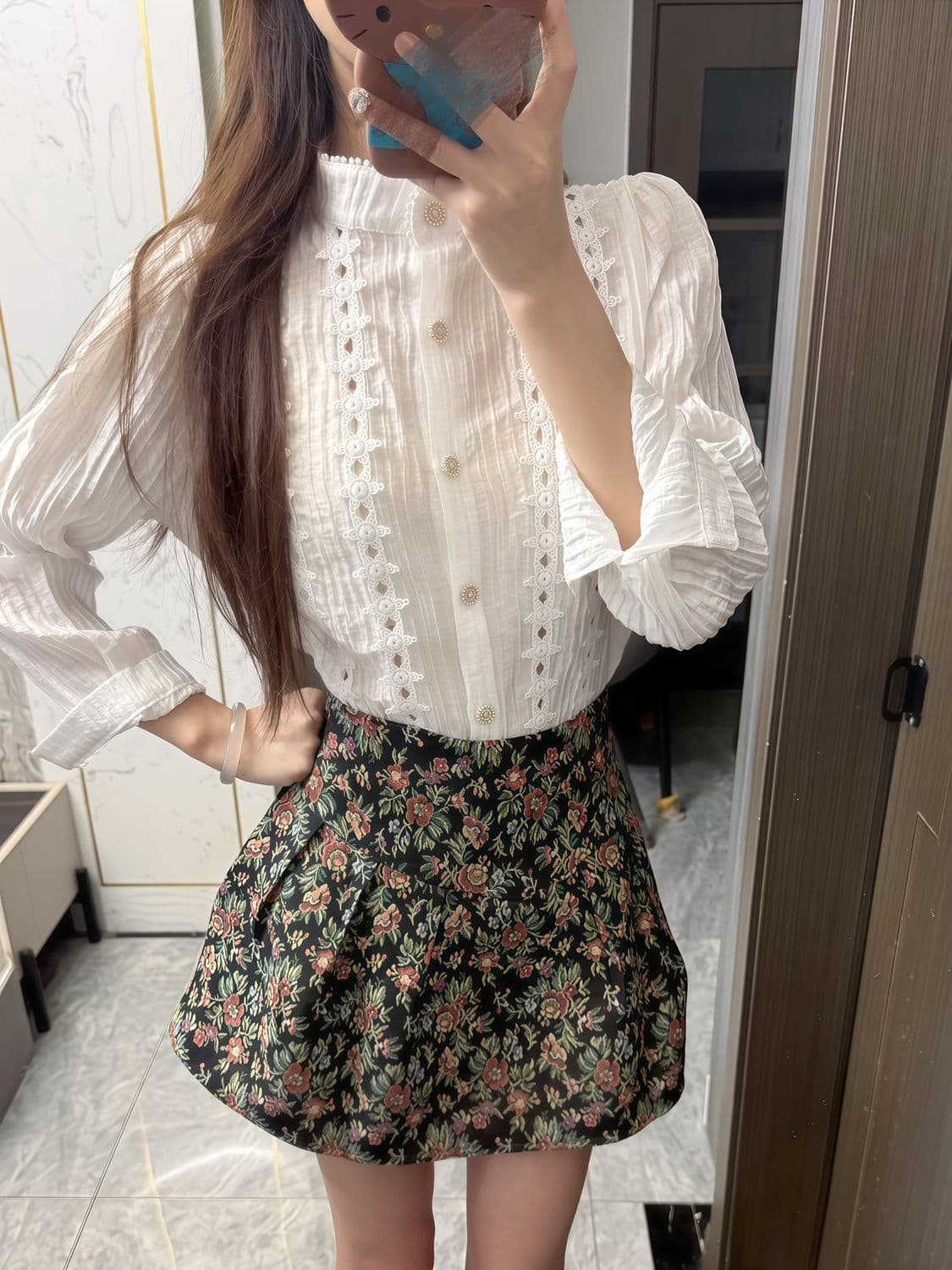 작은 키 착용 가져 가라. 전체 집합 거품 소매 프랑스식 셔츠 코디 꽃무늬 반신 스커트 두 조각 세트 드레스 여성 가을 의상 상세 이미지 5
