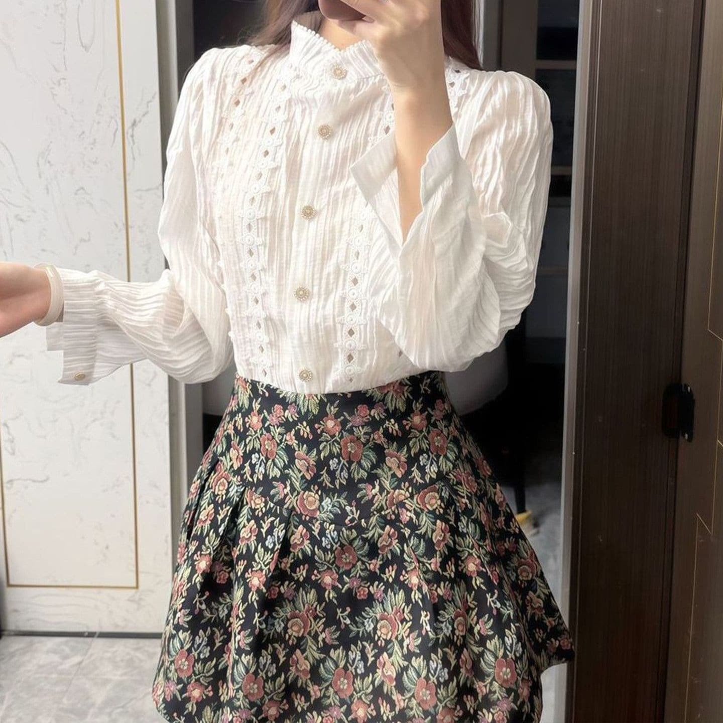 작은 키 착용 가져 가라. 전체 집합 거품 소매 프랑스식 셔츠 코디 꽃무늬 반신 스커트 두 조각 세트 드레스 여성 가을 의상 이미지 6