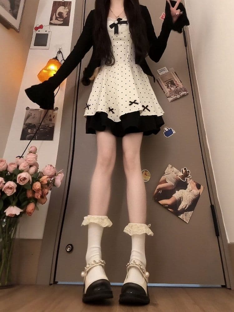 일본식 달콤함 소녀 천 금빛 바람 나비 매듭 도트 무늬 드레스 여자 학생 가을 새로운 오픈 가디건 투피스 세트 트렌디 상세 이미지 5