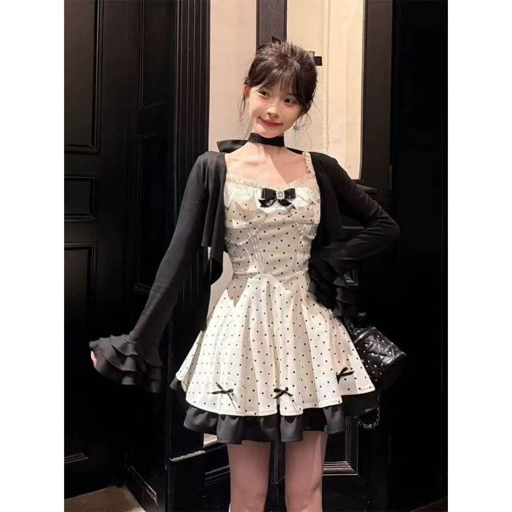 일본식 달콤함 소녀 천 금빛 바람 나비 매듭 도트 무늬 드레스 여자 학생 가을 새로운 오픈 가디건 투피스 세트 트렌디 이미지 3
